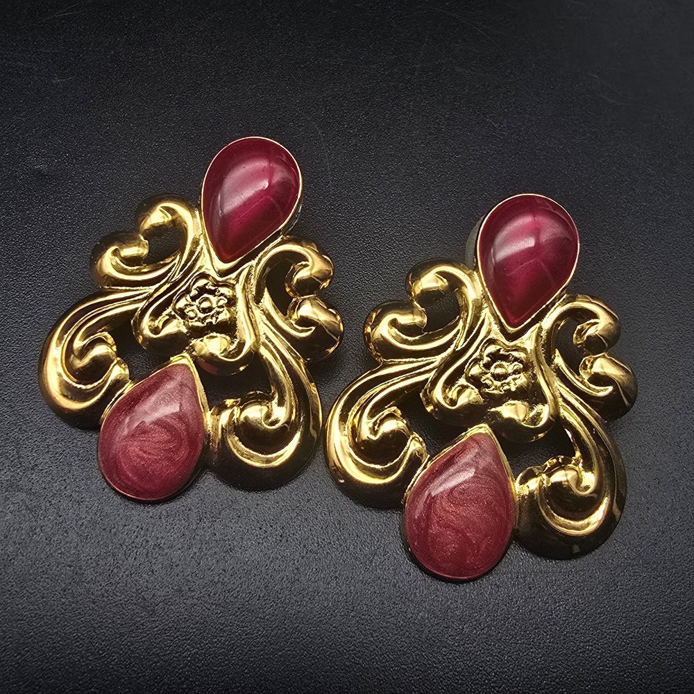 Avon 1994 Artful Expressions Earrings Gold Tone Burgundy Enamel Scrollwork
